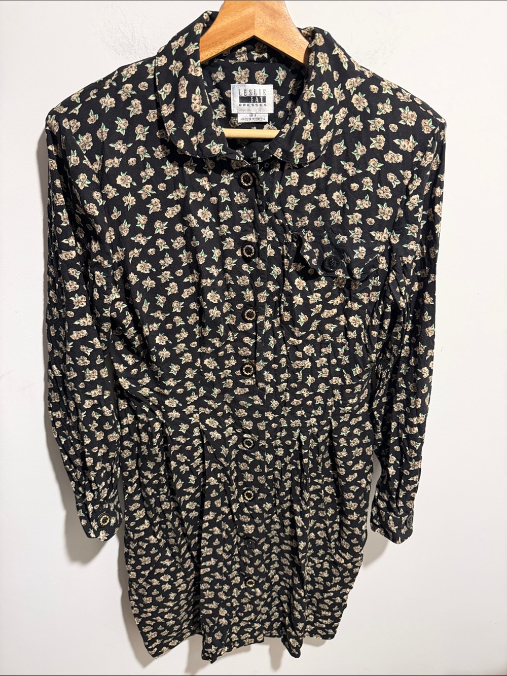 Vintage Leslie Fay Black Floral Button-Front Dress Size 8